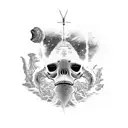 combine the whale from gojiras album "from mars to sirius" with the skeleton from their album"the way of all flesh" tattoo design idea