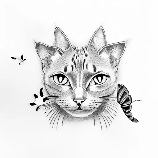 cat playing with butterfly and dragonfly tattoo design idea