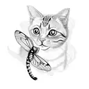 cat playing with butterfly and dragonfly tattoo design idea