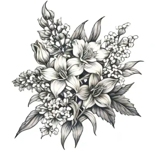 Larkspur daffodil carnation gladolias lily of the valley flower bouquet  tattoo design idea