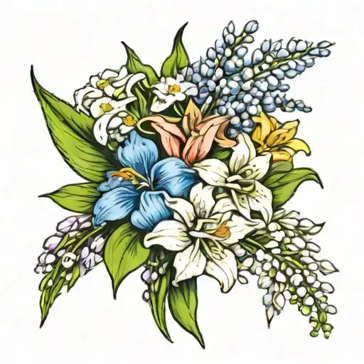 Larkspur daffodil carnation gladolias lily of the valley flower bouquet  tattoo design idea