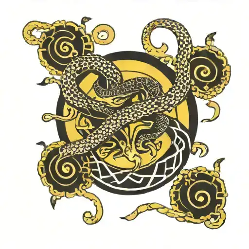 black symbol of dionysus, drawn ypside-down, upside-down symbol, sharp edges. yellow and gold snake coiled around symbol tattoo design idea