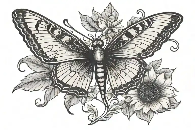 Butterfly dragonfly landing on a sunflower tattoo design idea