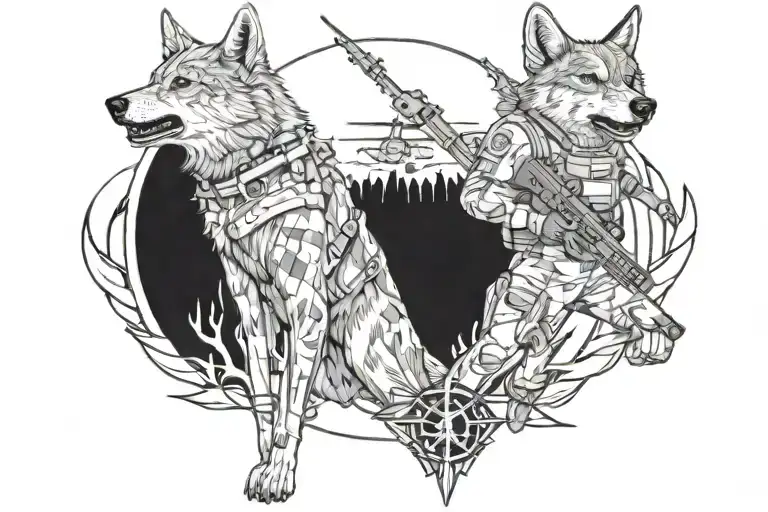 combat helicopter army soldiers and a wolf tattoo design idea