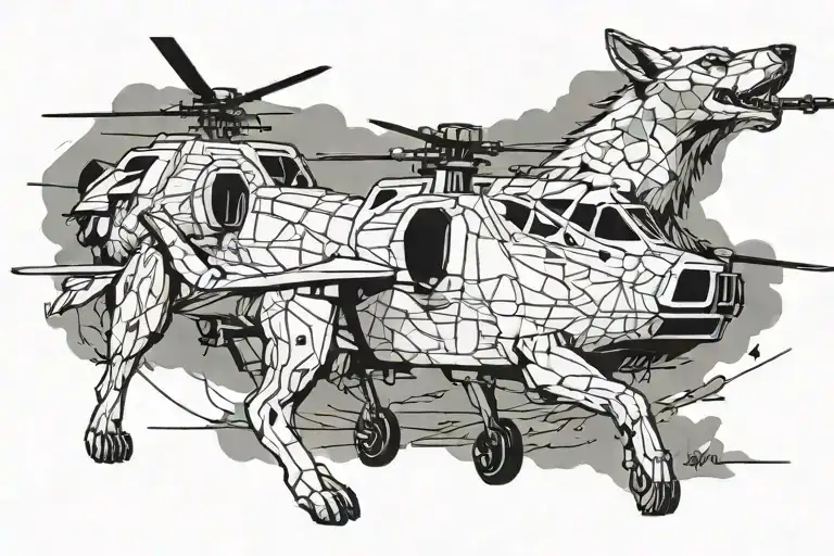 combat helicopter army soldiers and a wolf tattoo design idea