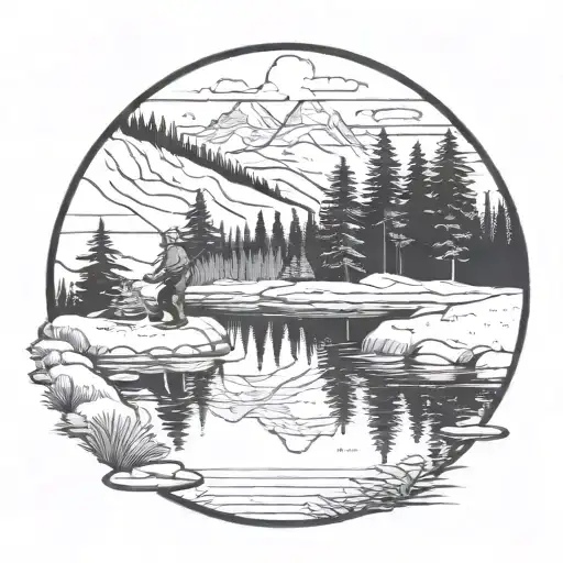 Appalachian Mountains In The Background Withe Pine Trees and a reflecting pond with a man fishing  tattoo design idea