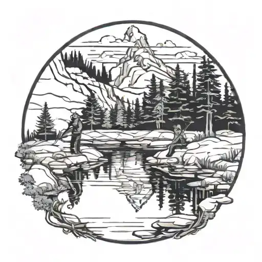 Appalachian Mountains In The Background Withe Pine Trees and a reflecting pond with a man fishing  tattoo design idea