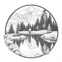 Appalachian Mountains In The Background Withe Pine Trees and a reflecting pond with a man fishing  tattoo design idea