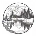 Appalachian Mountains In The Background Withe Pine Trees and a reflecting pond with a man fishing  tattoo design idea