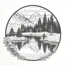 Appalachian Mountains In The Background Withe Pine Trees and a reflecting pond with a man fishing  tattoo design idea