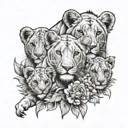 lioness and three lion cubs and flowers tattoo design idea