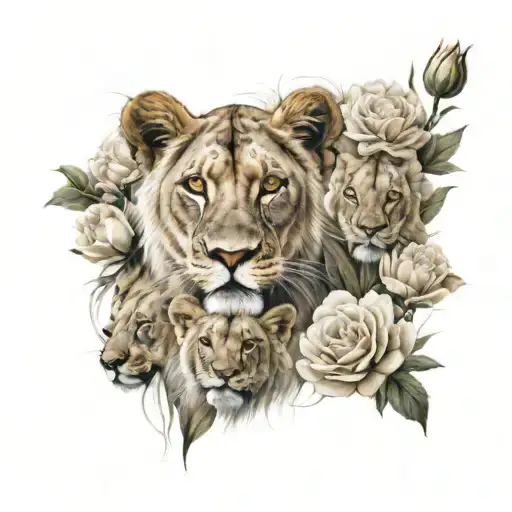 lioness and three lion cubs and flowers tattoo design idea