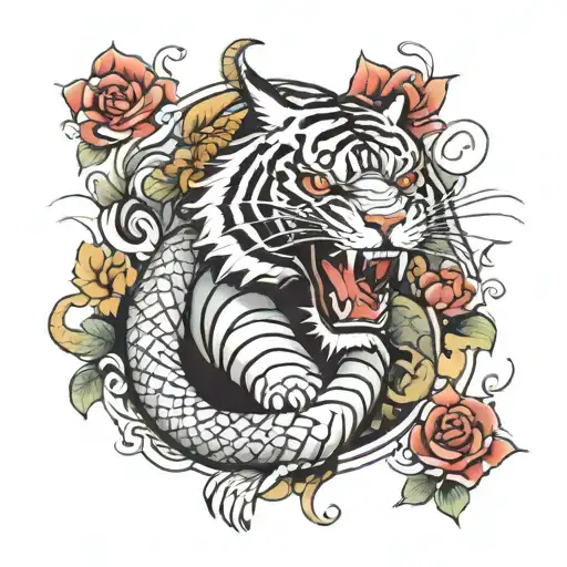 dragon fighting tiger tattoo with red flowers tattoo design idea
