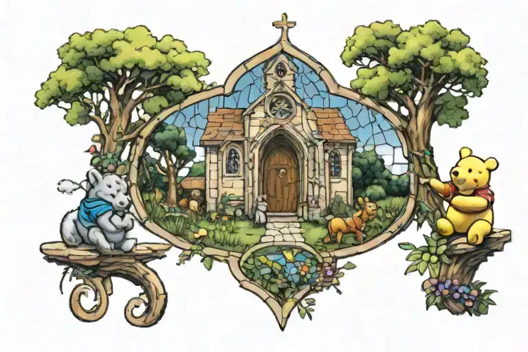 A church window with stained glass depicting scenes from Winnie the Pooh, blending the client's love for church and childhood memories tattoo design idea