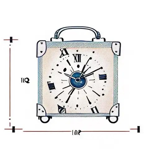 A time-traveling suitcase with clock hands as handles tattoo design idea