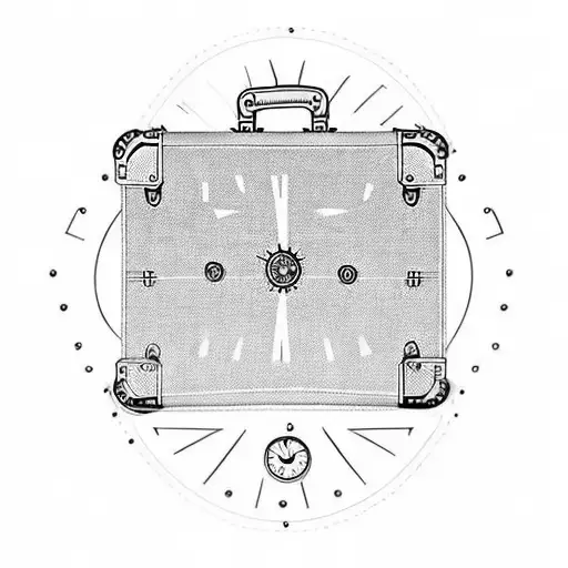 A time-traveling suitcase with clock hands as handles tattoo design idea