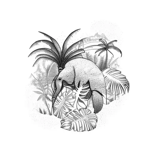 A tropical rainforest with vibrant wildlife and exotic plants tattoo design idea