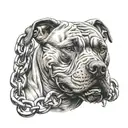 angry Pitbull with a chain and a wire in the background tattoo design idea