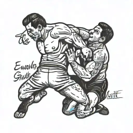 image of two wrestlers in action, grappling on the mat, with the quote "Embrace the grind, leave it on the mat" tattoo design idea