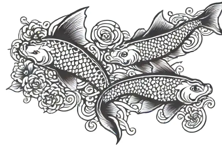 Two koi Fish swimming flower background tattoo design idea