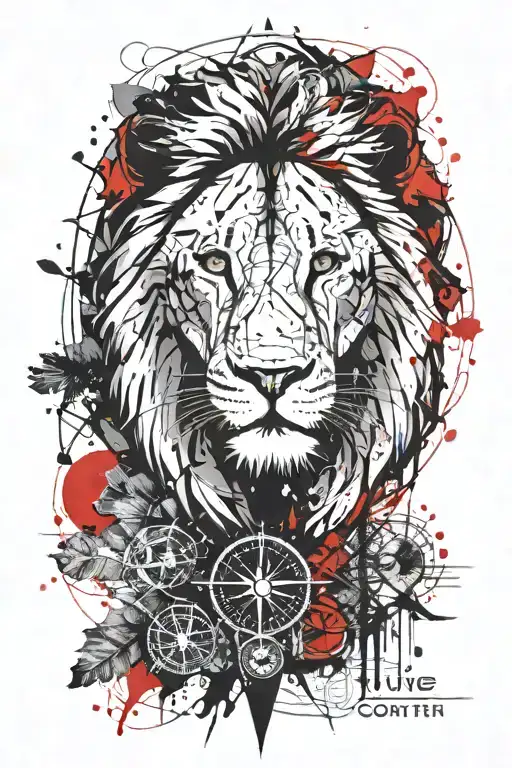 lion, compass, trees, true north tattoo design idea