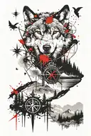 wolf, compass, trees, mountains, true north tattoo design idea