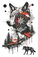 wolf, compass, trees, mountains, true north tattoo design idea
