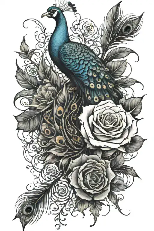 thorns wrapping around roses wrapping around peacock feathers for the forearm tattoo design idea