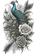 thorns wrapping around roses wrapping around peacock feathers for the forearm tattoo design idea