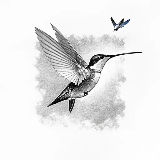 A serene lake reflecting the image of a hummingbird in flight tattoo design idea