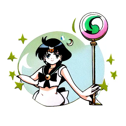 sailor pluto key staff with a crescent moon and neptune tattoo design idea