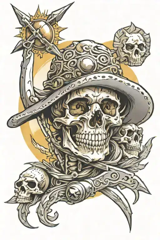 sun and moon, skull in a cowboyhat, helios the sun god, sword, and little baseballs as accents  tattoo design idea