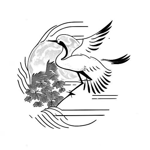 Japanese Crane with red moon tattoo design idea