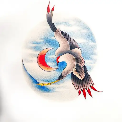 Japanese Crane with red moon tattoo design idea