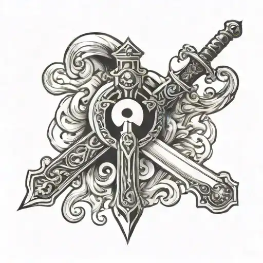 Cross in the shape of a sword with the yin and yang symbol on the hilt tattoo design idea