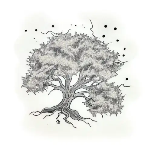 oak tree with single fallen leaf tattoo design idea