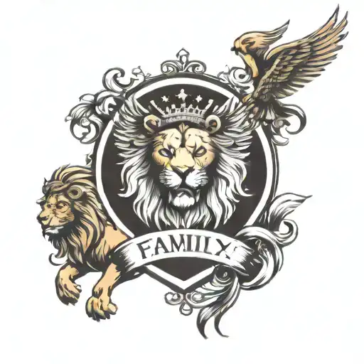 family bejarano crest heraldry crown and lions, wings  tattoo design idea
