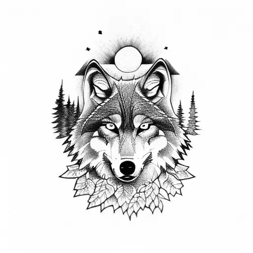 wolf in forest with mountains and sun half sleeve tattoo design idea