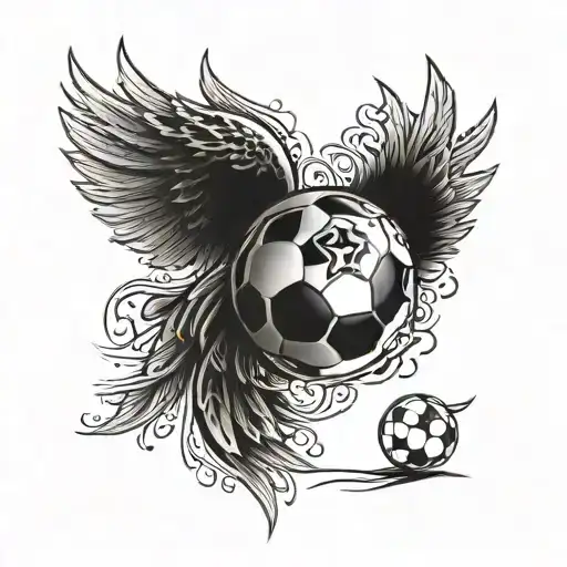 A blackwork tattoo of a football with wings, symbolizing the client's passion for the sport and belief in the divine guidance of Jesus Christ tattoo design idea