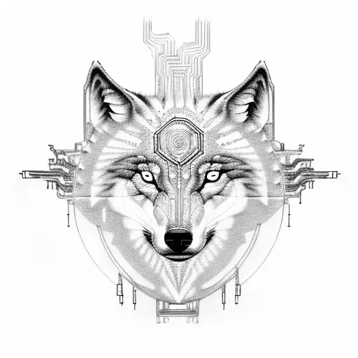 An angelic depiction of a wolf surrounded by electrical circuitry in dotwork style tattoo design idea