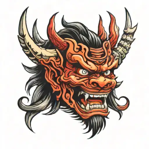 flame red samurai demon head tattoo design idea