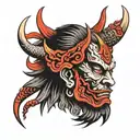 flame red samurai demon head tattoo design idea