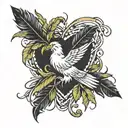 Christmas cactus intertwined with eagle feathers forming a heart shape, with the person's name written in cursive within the design tattoo design idea