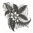 Christmas cactus intertwined with eagle feathers forming a heart shape, with the person's name written in cursive within the design tattoo design idea