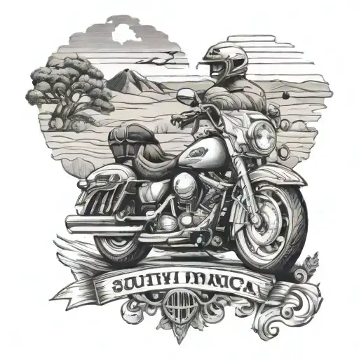 Create a tattoo of a South African landscape with a Harley Davidson motorcycle riding through it, showcasing your love for your country and your motorcycle tattoo design idea