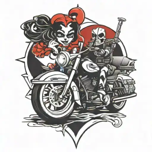 Incorporate a Harley Davidson Road king Special and a Harley Quinn character in a unique design symbolizing love and faith in Christianity tattoo design idea