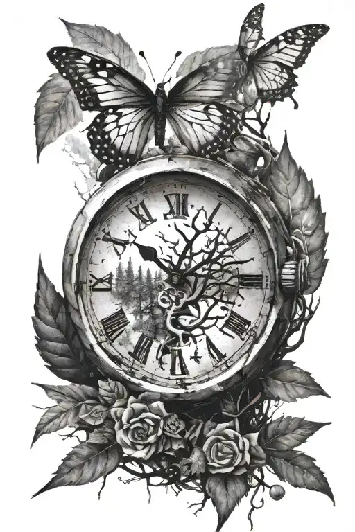 Forest with a moon that is a watch torn apart heart with butterfly tattoo design idea