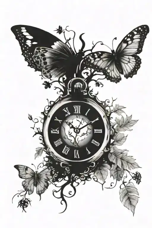 Forest with a moon that is a watch torn apart heart with butterfly, with a ladybug on the side tattoo design idea
