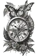 Forest with a moon that is a watch torn apart heart with butterfly tattoo design idea