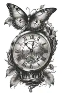 Forest with a moon that is a watch torn apart heart with butterfly tattoo design idea